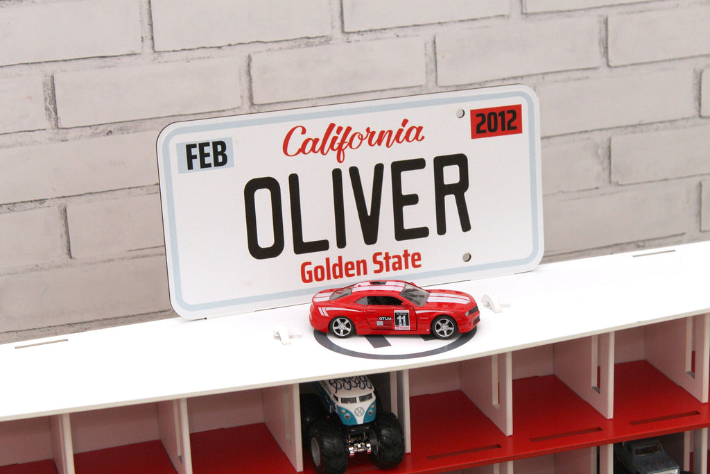 Toy Car Garage, Personalized Toy Storage,Boy 3-5 yo gift, Toddler boy present, Wooden Toy in White-Red