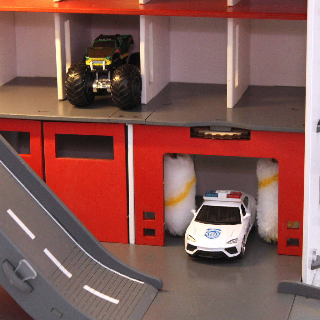 Toy Car Garage, Personalized Toy Storage,Boy 3-5 yo gift, Toddler boy present, Wooden Toy in White-Red