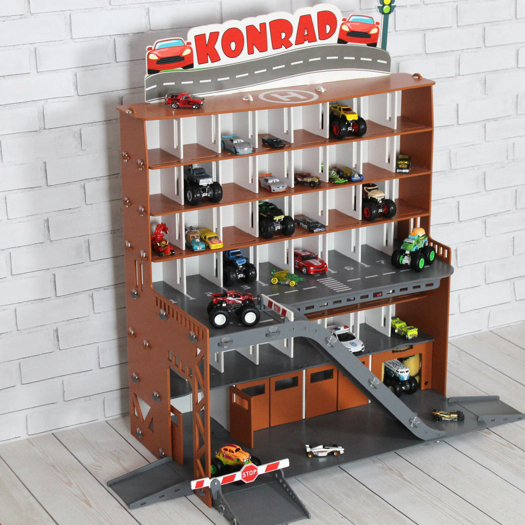 Toy Car Storage, Toy Shelf For Diecast Toy Cars, 1:64 scale Monster Truck Display, Wooden Toy Garage