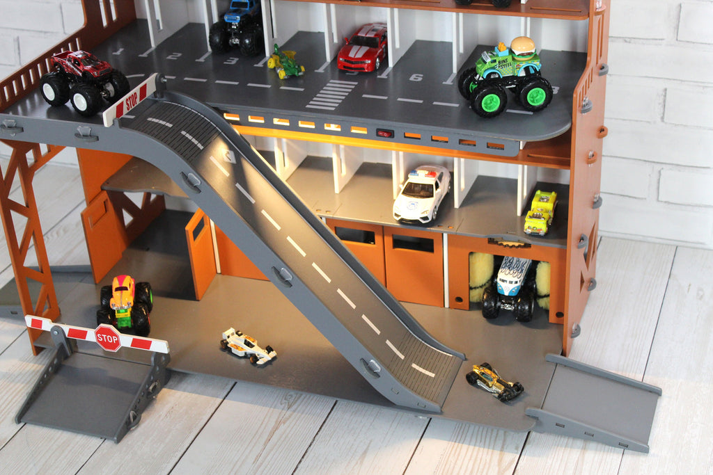 Toy Car Storage, Toy Shelf For Diecast Toy Cars, 1:64 scale Monster Truck Display, Wooden Toy Garage