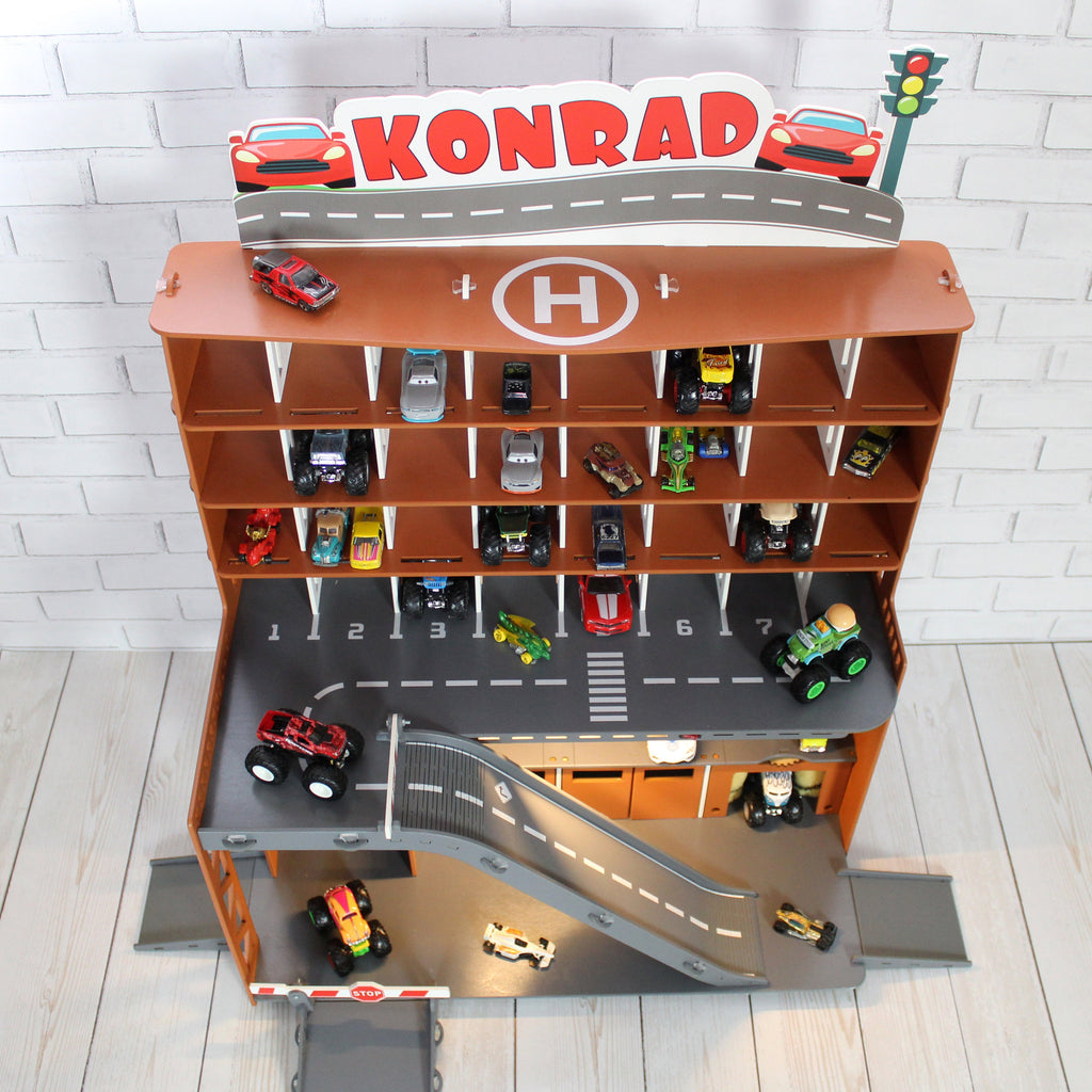 Toy Car Storage, Toy Shelf For Diecast Toy Cars, 1:64 scale Monster Truck Display, Wooden Toy Garage