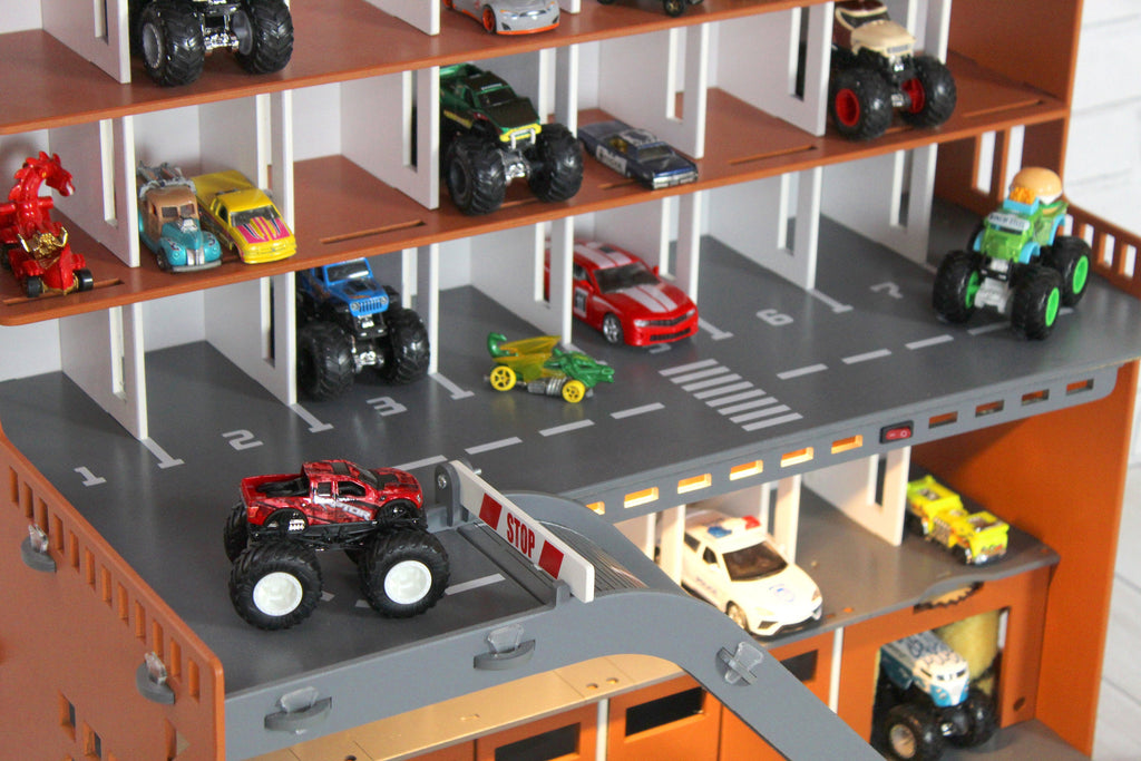 Toy Car Storage, Toy Shelf For Diecast Toy Cars, 1:64 scale Monster Truck Display, Wooden Toy Garage