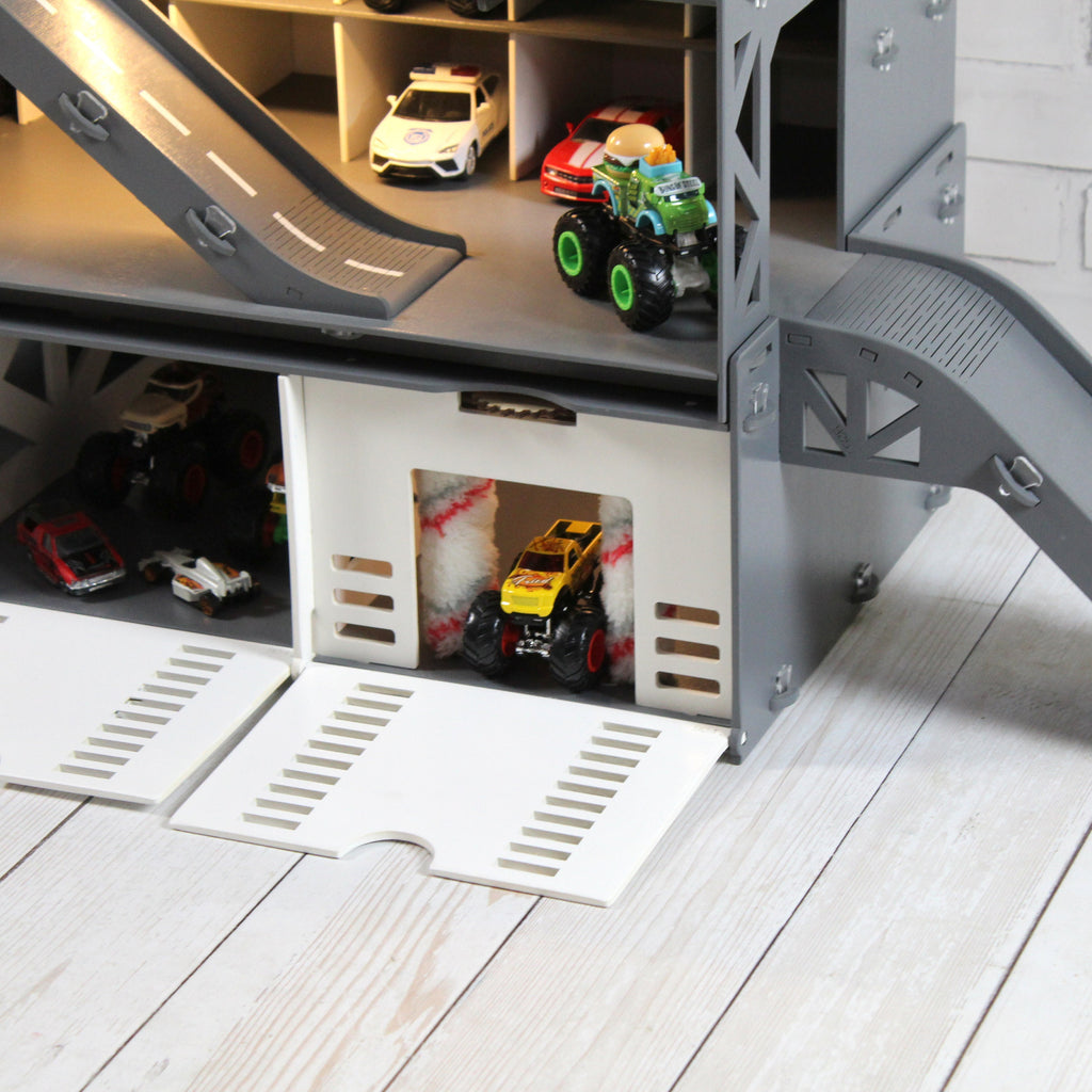 Toddler Boy Wooden Toy Garage 1:64 scale Toy Cars, Monster Truck Storage with Toy Car Wash, Colored Doors and Stop Gates