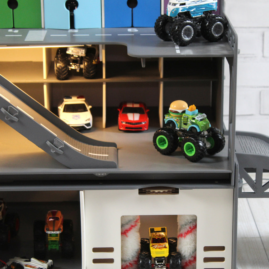 Toddler Boy Wooden Toy Garage 1:64 scale Toy Cars, Monster Truck Storage with Toy Car Wash, Colored Doors and Stop Gates