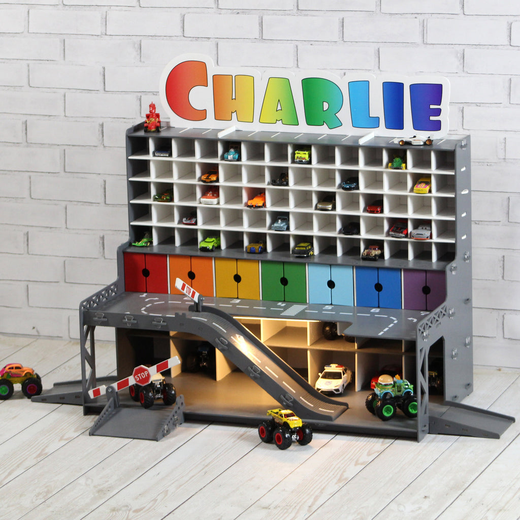 toy garage with colored doors