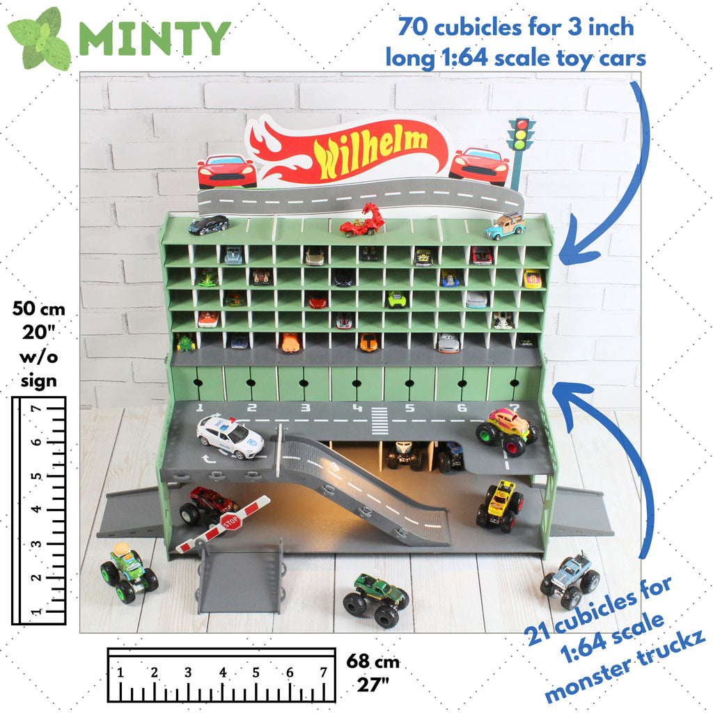 Personalized Toy Garage for 1/64 and 1/32 Scale Toy Cars, Toddler Boy Gift with Road, Ramp, Doors, Gates, Markings, and Car Wash