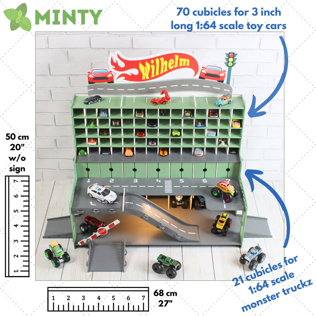 Toy Garage For 1/64 and 1/32 scale toy cars, Personalized Toddler Boy Gift, Toy Road, Ramp with Doors, Gates, Road Markings and Car Wash