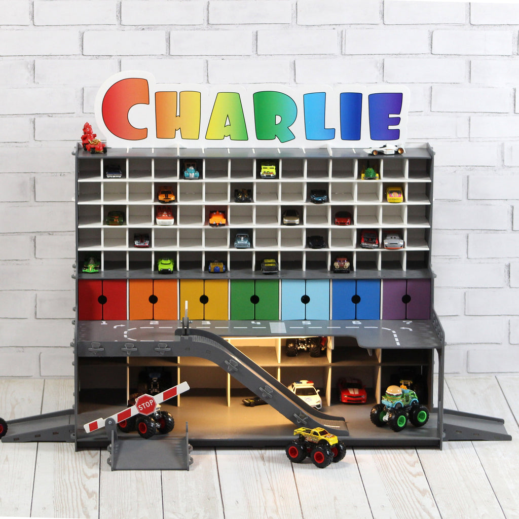 toy garage, wooden toy car storage, diecast toy car display, toy shelf, toy car ramp, toy track
