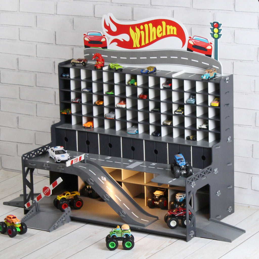 Side view of the garage, displaying its spacious compartments for toy car storage