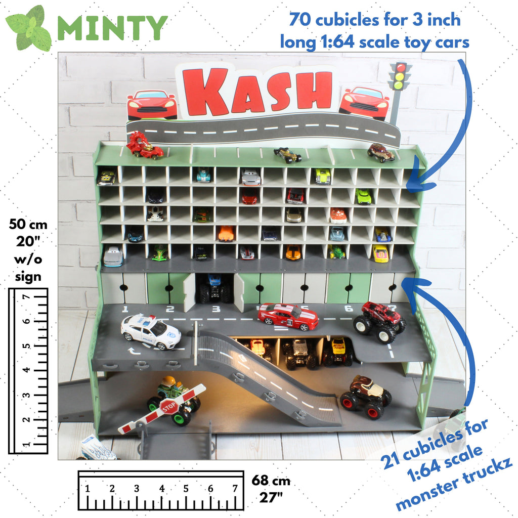 Overview of the toy garage in a well-lit playroom setting