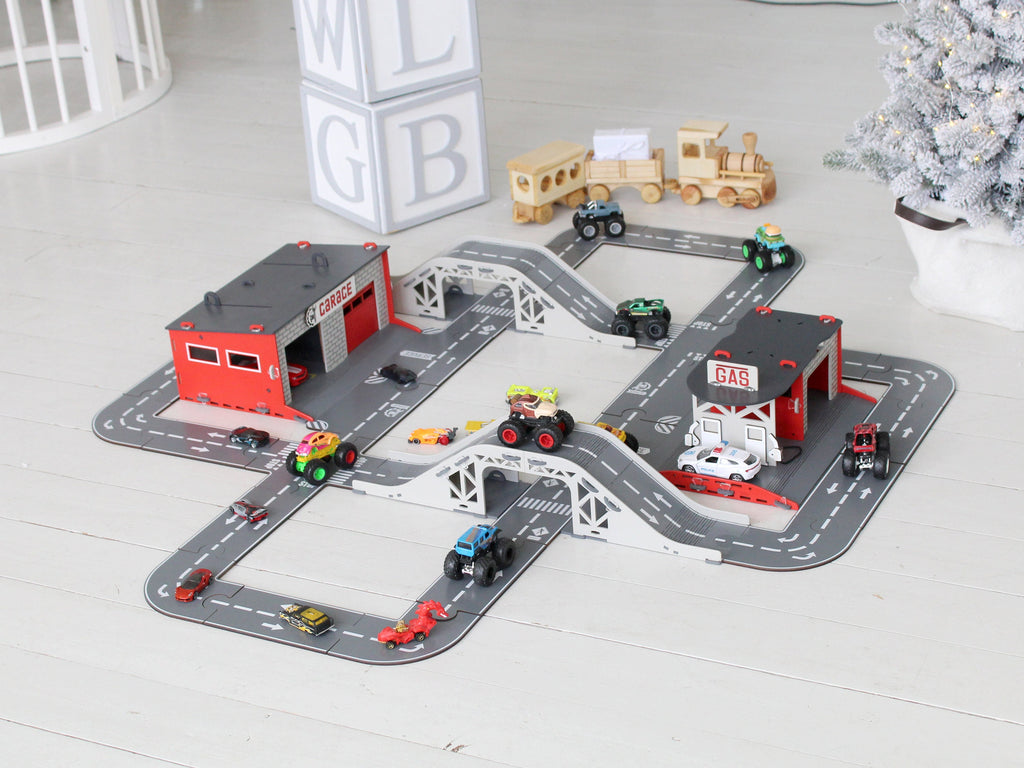 Interactive Wooden Toy Car Road Puzzle Set with Garages and Bridges