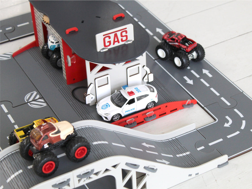 Interactive Wooden Toy Car Road Puzzle Set with Garages and Bridges