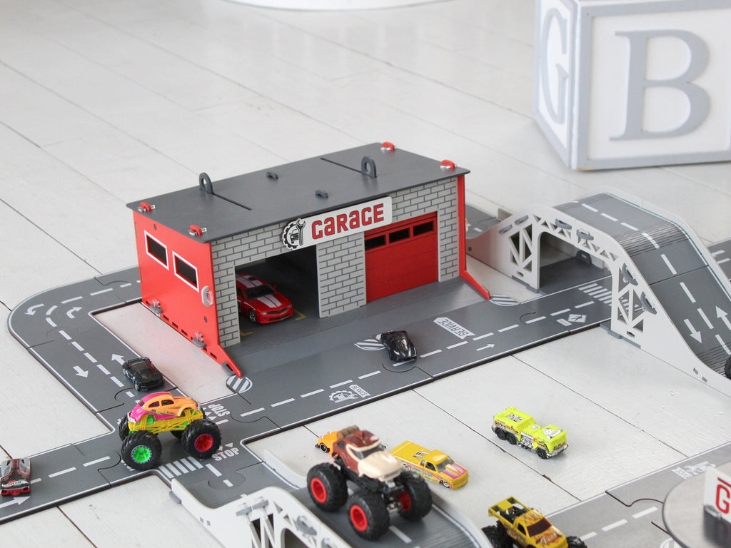 Puzzle Roads for Toy Cars with Toy Garages and Toy Bridges