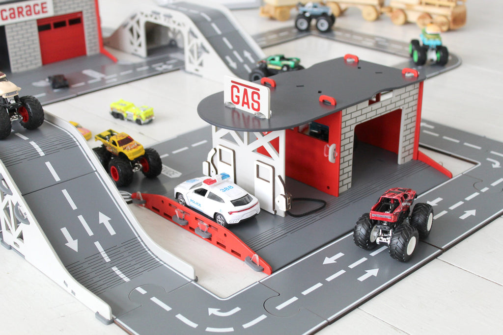 Interactive Wooden Toy Car Road Puzzle Set with Garages and Bridges