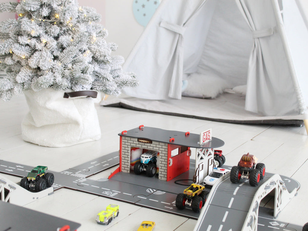 Puzzle Roads for Toy Cars with Toy Garages and Toy Bridges