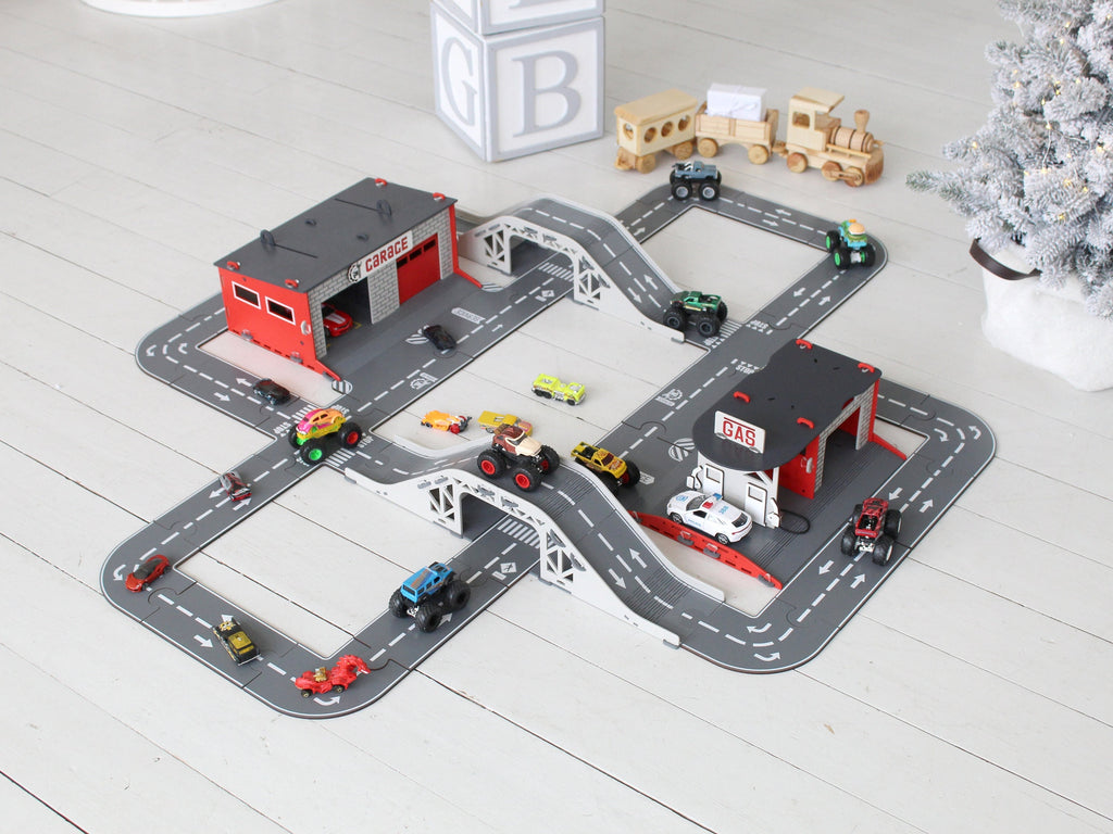 Puzzle Roads for Toy Cars with Toy Garages and Toy Bridges