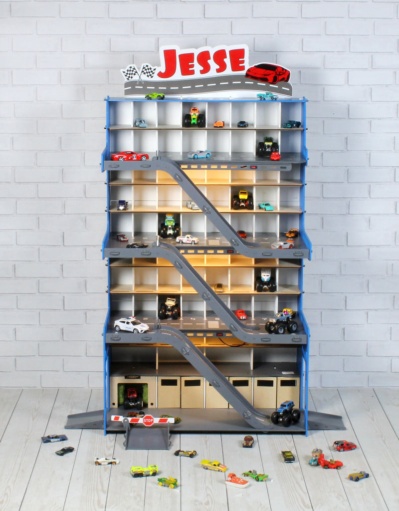 Spacious toy garage for 1:64 scale monster trucks, perfect for toddler boy toy car storage