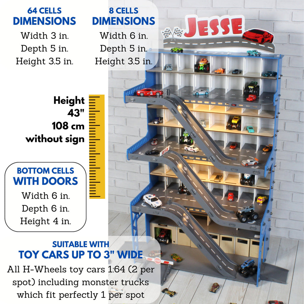 Colorful toy car wash accessory included with the garage