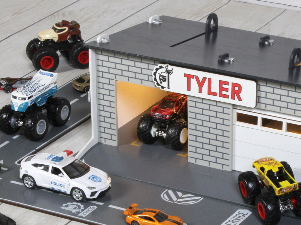 Toy Car Service Station, Toy Garage with sliding doors, Personalized Gift For Toddler Boy