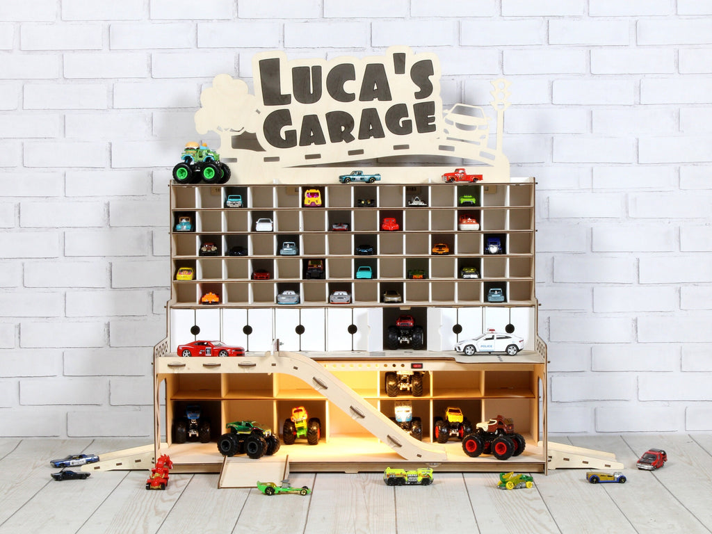 Personalized toy car storage for toddlers.