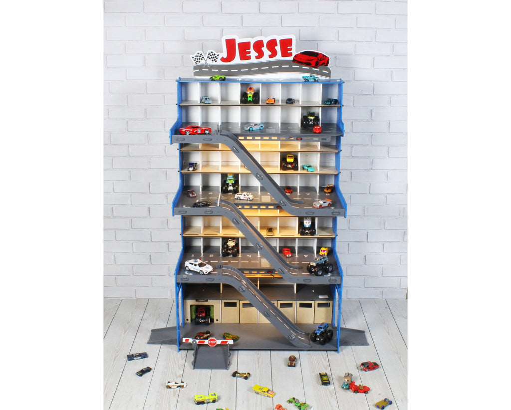 Toddler Boy Toy Car Storage. Huge Toy Garage for 1:64 scale Monster Truck, Toy Car Wash, Personalized Kid Gift, Toy Road Track