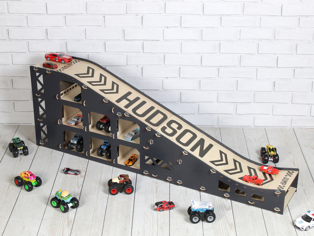 Toy Slope, Toy Car Jump Ramp 3 feet long, Speedy Race Down Stunt Playset, Toy Vehicles Storage, Wooden Toy Garage, Personalized Gift