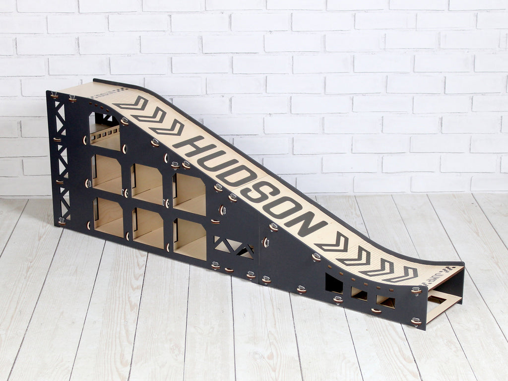 Toy Slope, Toy Car Jump Ramp 3 feet long, Speedy Race Down Stunt Playset, Toy Vehicles Storage, Wooden Toy Garage, Personalized Gift