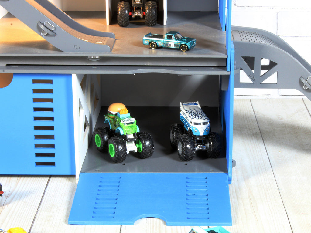 Imaginative Playset for Boys: Wooden Toy Car Garage with Ramps, Gates, and Doors