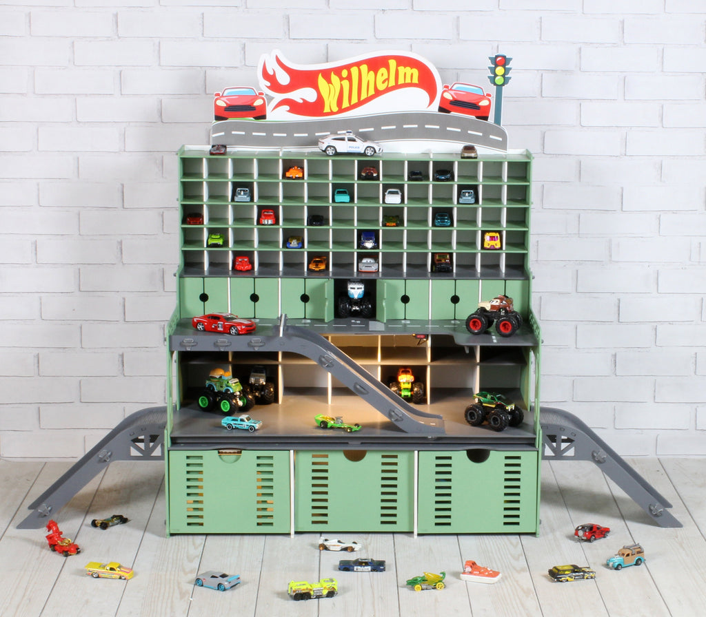 Toy Garage For 1/64 and 1/32 scale toy cars, Personalized Toddler Boy Gift, Toy Road, Ramp with Doors, Gates, Road Markings and Car Wash