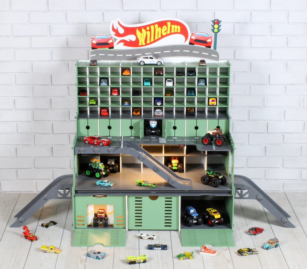 Personalized Toy Garage for 1/64 and 1/32 Scale Toy Cars, Toddler Boy Gift with Road, Ramp, Doors, Gates, Markings, and Car Wash