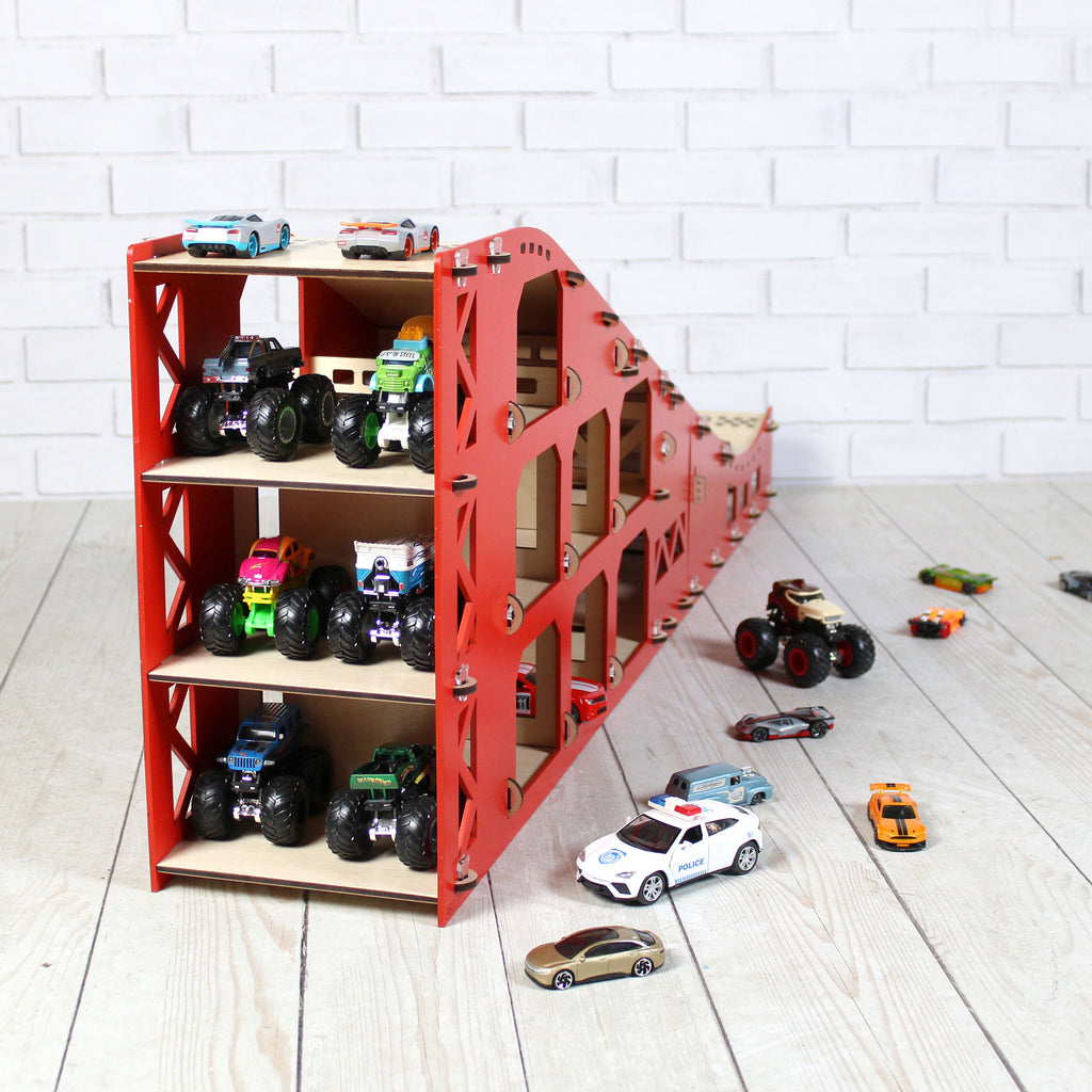 The toy car ramp in a playroom setting, illustrating its compatibility with other toys and decor.