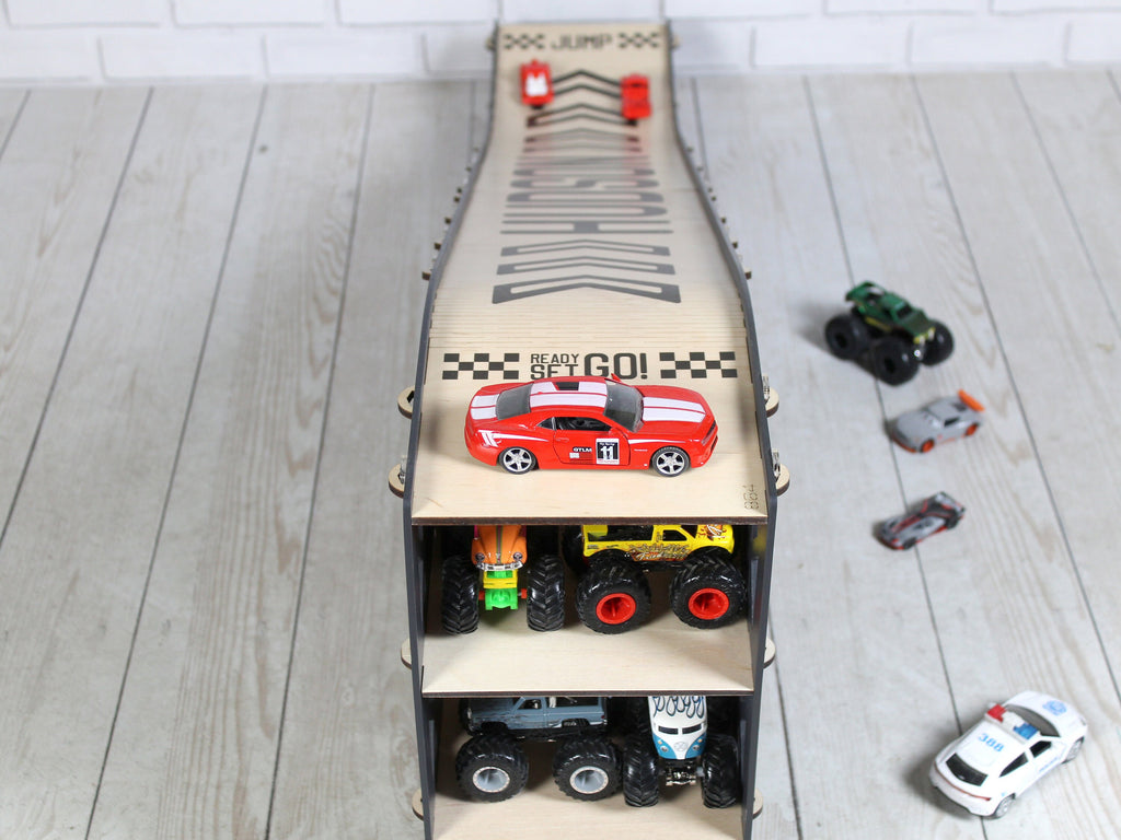 Toy Slope, Toy Car Jump Ramp 3 feet long, Speedy Race Down Stunt Playset, Toy Vehicles Storage, Wooden Toy Garage, Personalized Gift