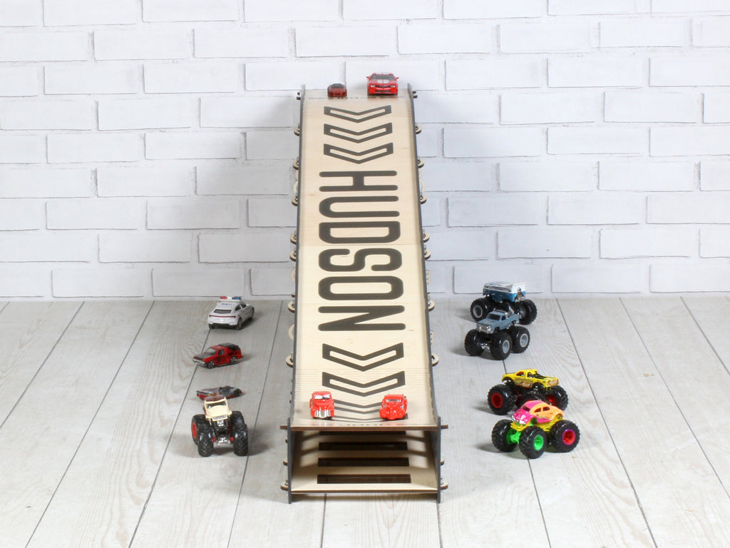 Toy Slope, Toy Car Jump Ramp 3 feet long, Speedy Race Down Stunt Playset, Toy Vehicles Storage, Wooden Toy Garage, Personalized Gift