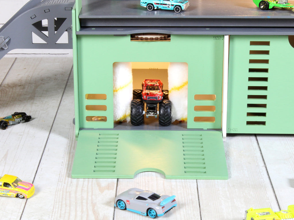 Toy Garage For 1/64 and 1/32 scale toy cars, Personalized Toddler Boy Gift, Toy Road, Ramp with Doors, Gates, Road Markings and Car Wash
