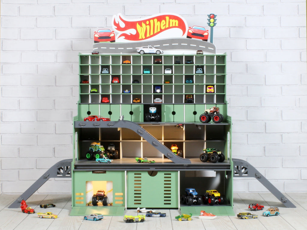 Toy Garage For 1/64 and 1/32 scale toy cars, Personalized Toddler Boy Gift, Toy Road, Ramp with Doors, Gates, Road Markings and Car Wash