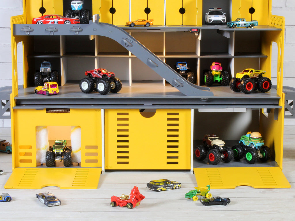 Colorful toy car garage for boys aged 3-5, featuring a toy car wash and monster truck storage