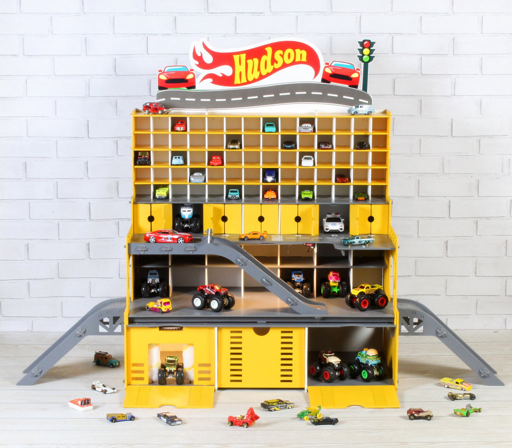 Wooden toy car garage with ramps and parking spots for 1:64 scale toy cars