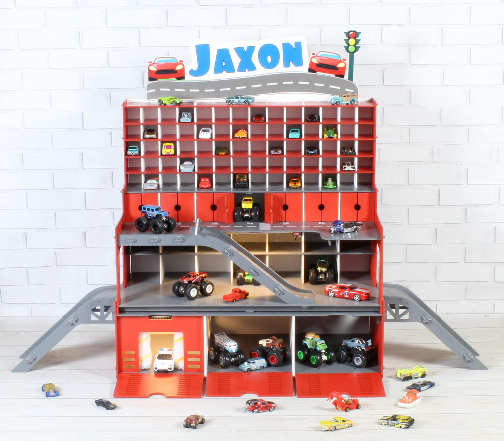 Personalized Wooden Toy Car Storage Garage in mint color, front view.