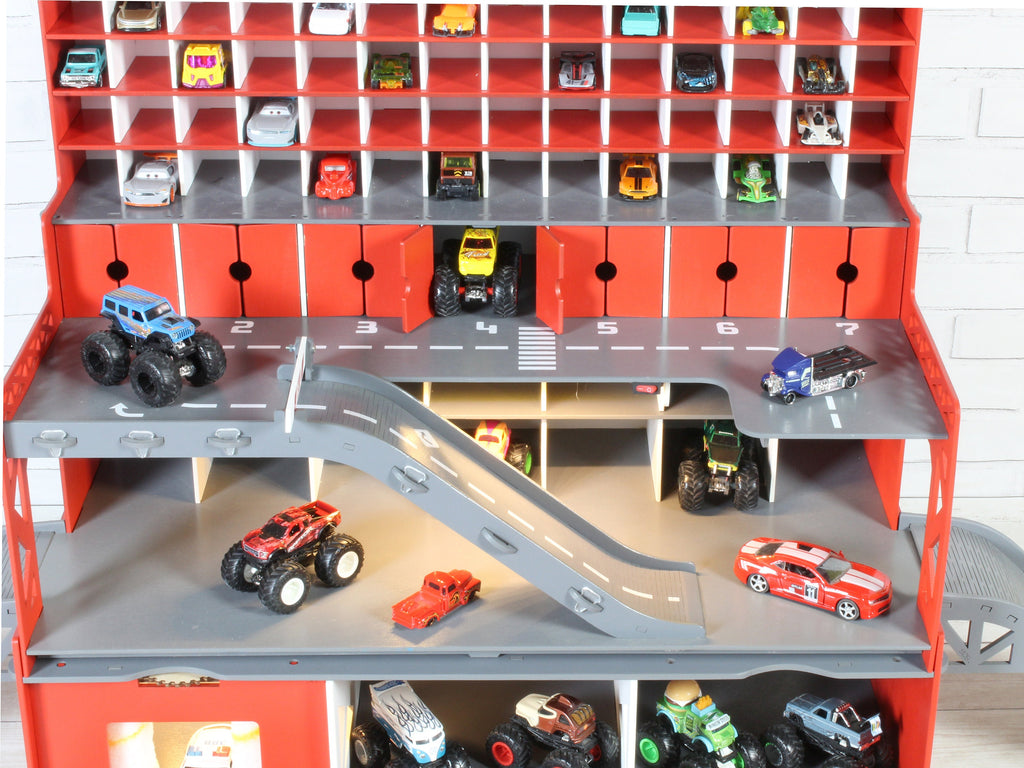 Top view of the Personalized Wooden Toy Car Storage Garage, showcasing its design.