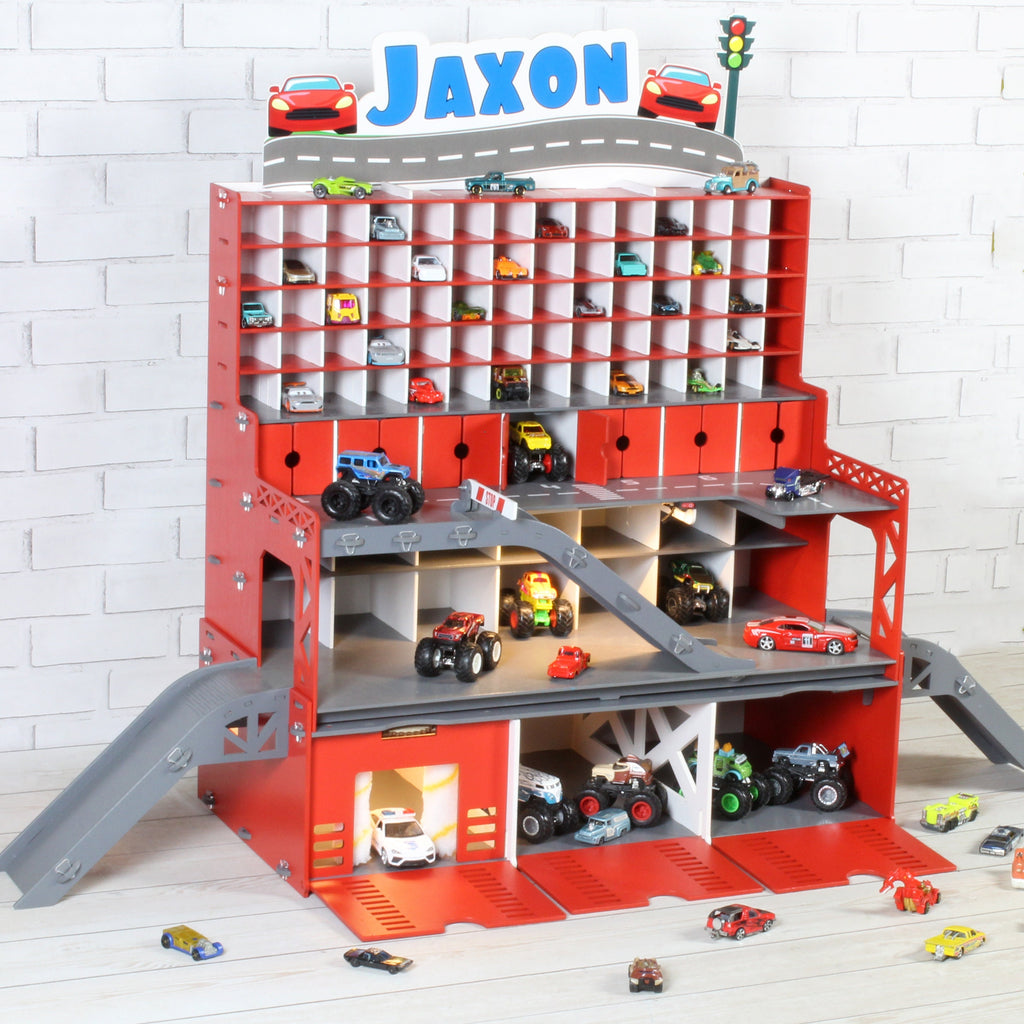 Toy car garage with multiple levels and ramps for imaginative play.