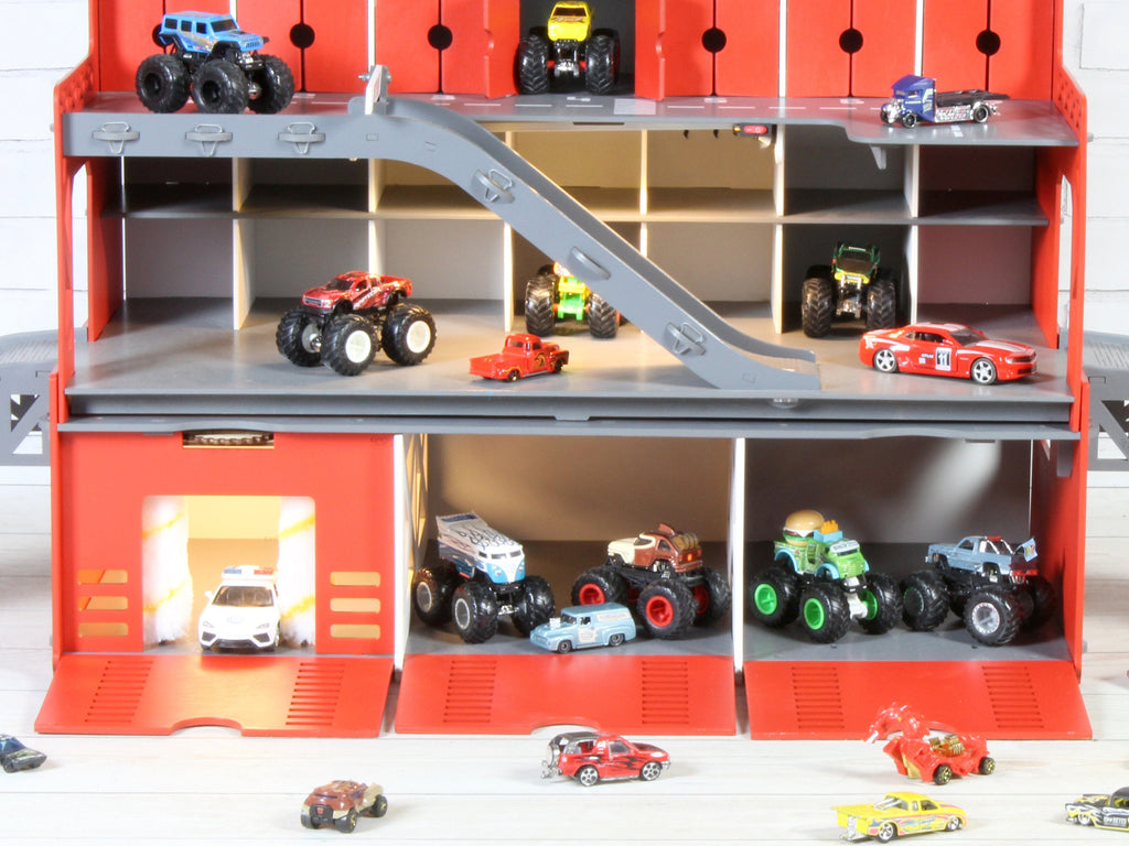 Storage compartments and doors of the Personalized Wooden Toy Car Storage Garage.