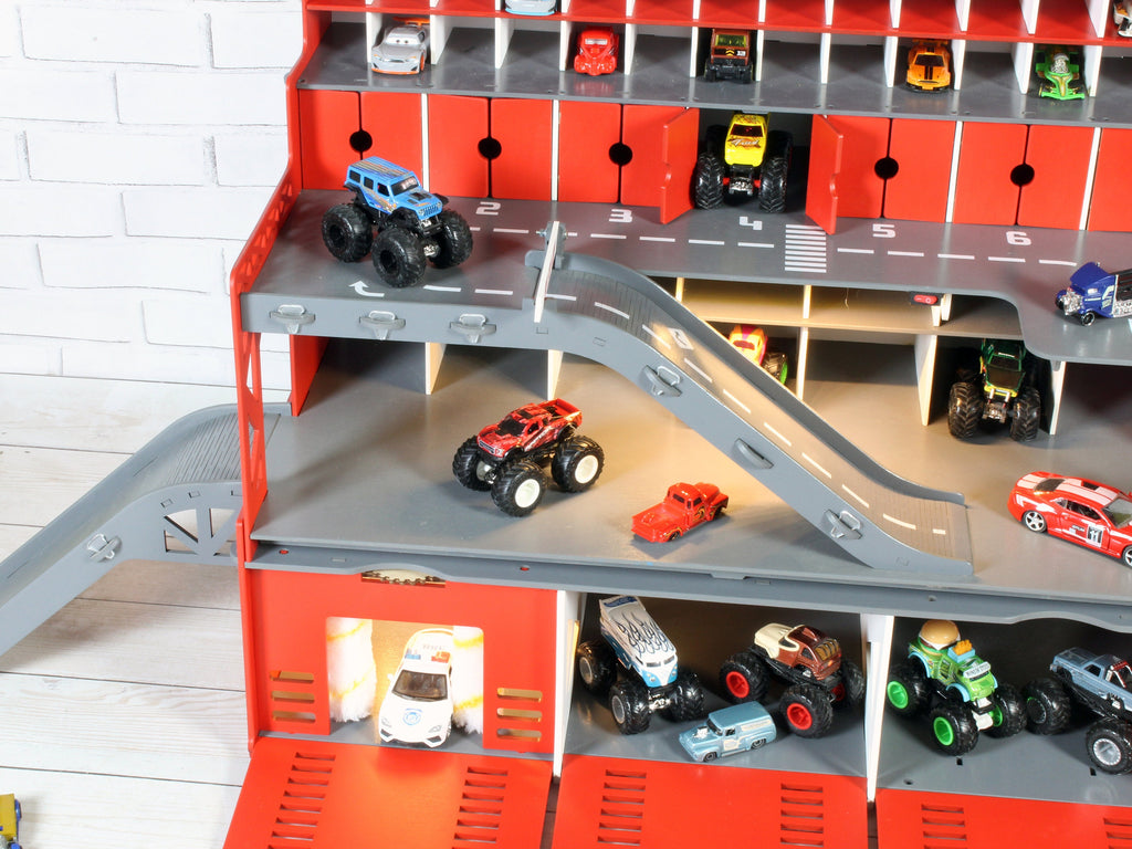 Toy car ramp with road markings and customizable features.