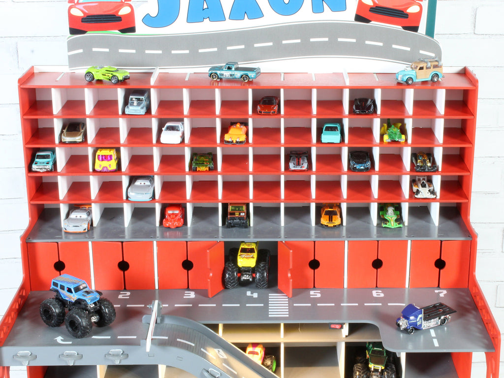 Toy car wash feature of the Personalized Wooden Toy Car Storage Garage.