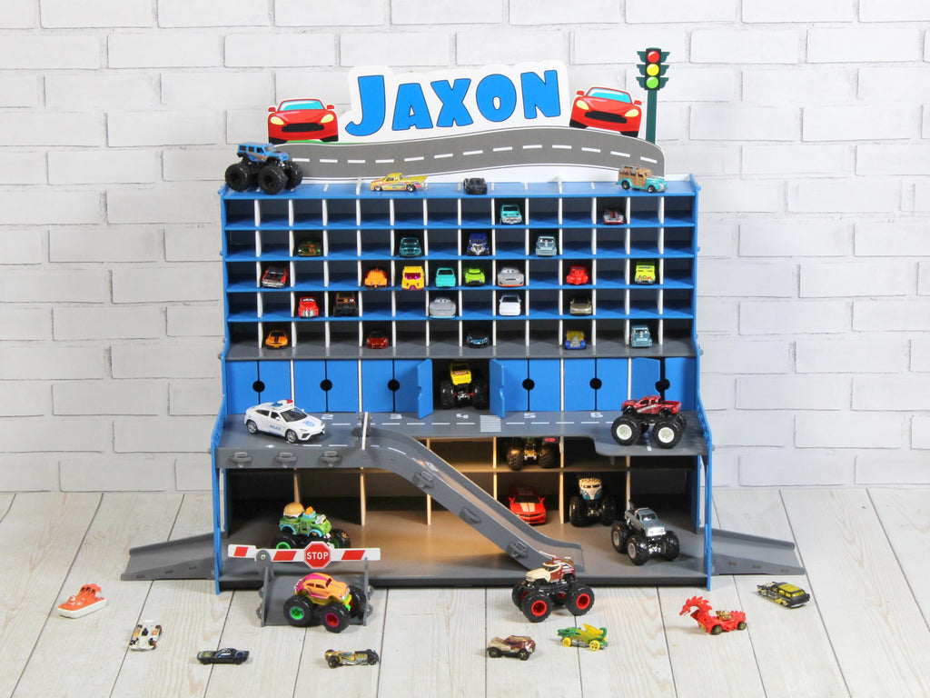 Kids Storage for 1:64 scale toy cars and larger cars in bottom 14 cells