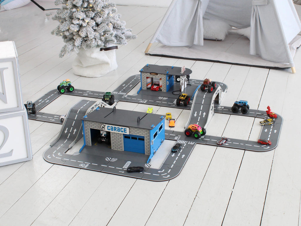 Puzzle Roads for Toy Cars with Toy Garages and Toy Bridges