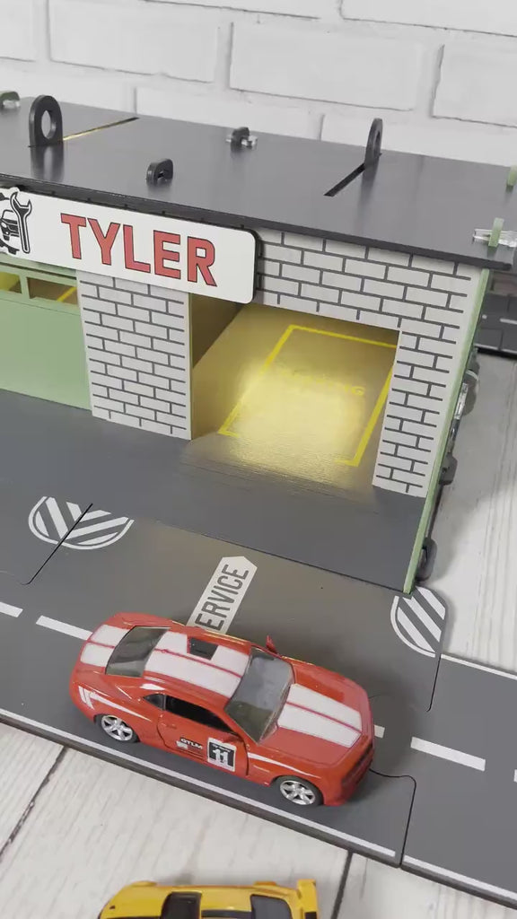 Toy Car Service Station, Toy Garage with sliding doors, Personalized Gift For Toddler Boy