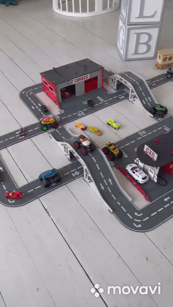 Wooden Puzzle Roads for Toy Cars – Modular Tracks with Garages and Bridges – Educational Playset for Kids